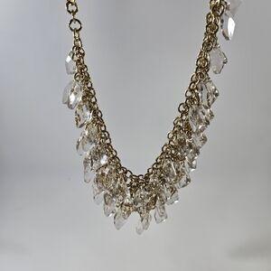Talbots Gold Tone Mesh Bib Style Necklace With Clear Acrylic Gems Retail $69